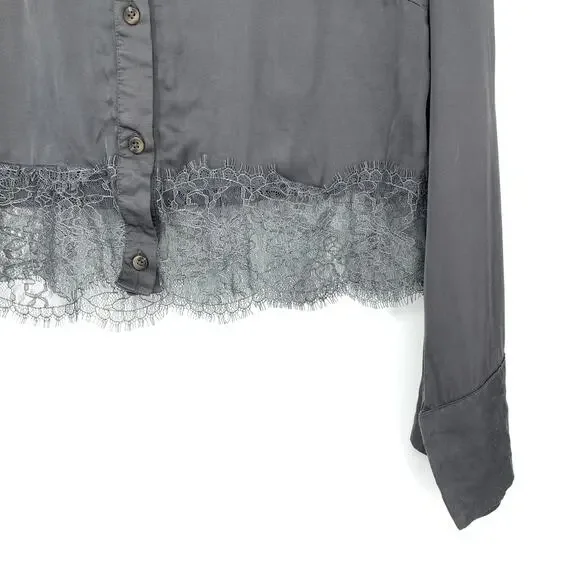 By Anthropologie Satin + Lace Pajama Set Cropped Top W/Shorts Gray Size Medium - Picture 11 of 13